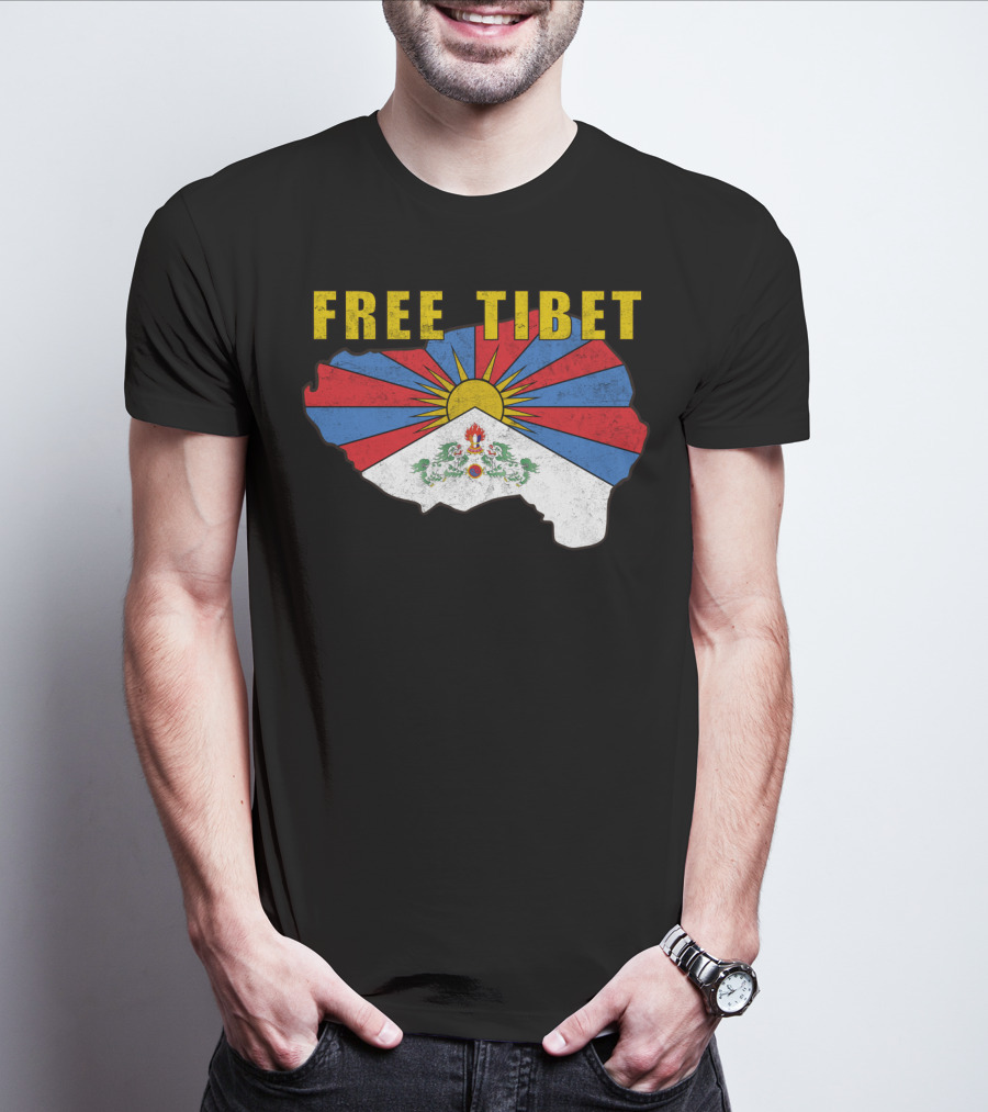Free Tibet Flag With Sunrise Symbol Map T-Shirt