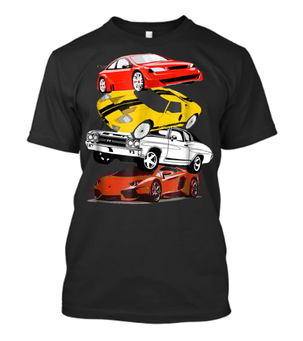 Funny Classic Cars Stacked Red Yellow Black White Racing Cars T-Shirt