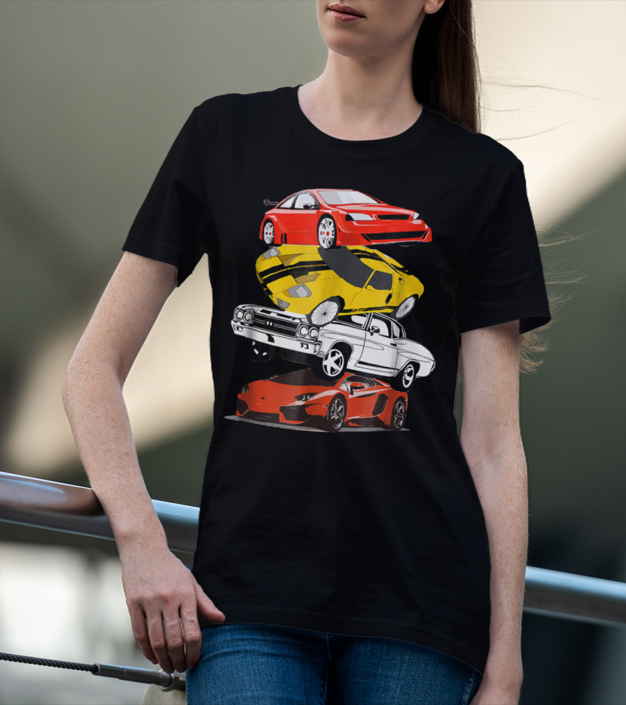 Funny Classic Cars Stacked Red Yellow Black White Racing Cars T-Shirt