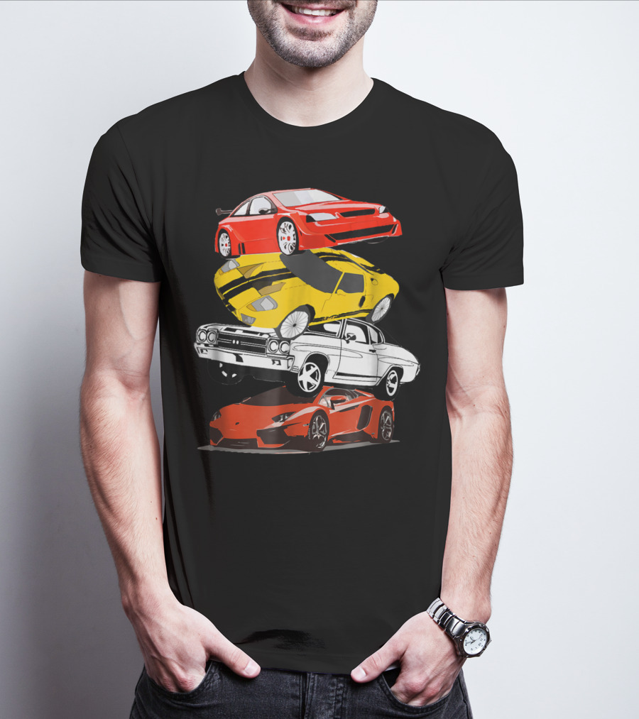 Funny Classic Cars Stacked Red Yellow Black White Racing Cars T-Shirt