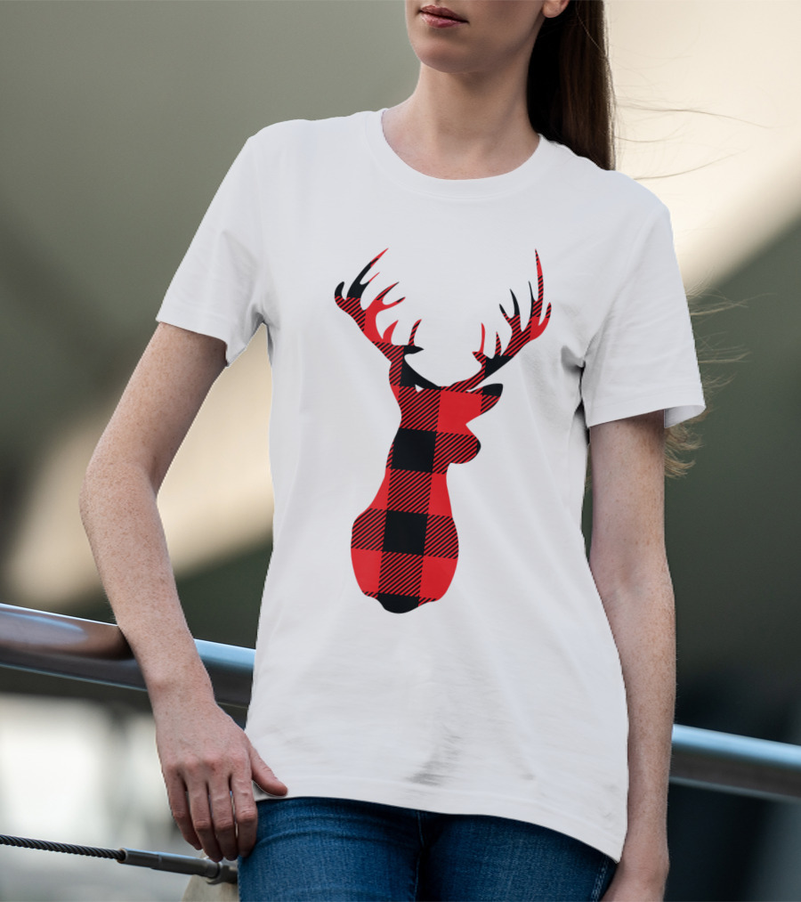 Buffalo Plaid Red Black Christmas Deer T-Shirt