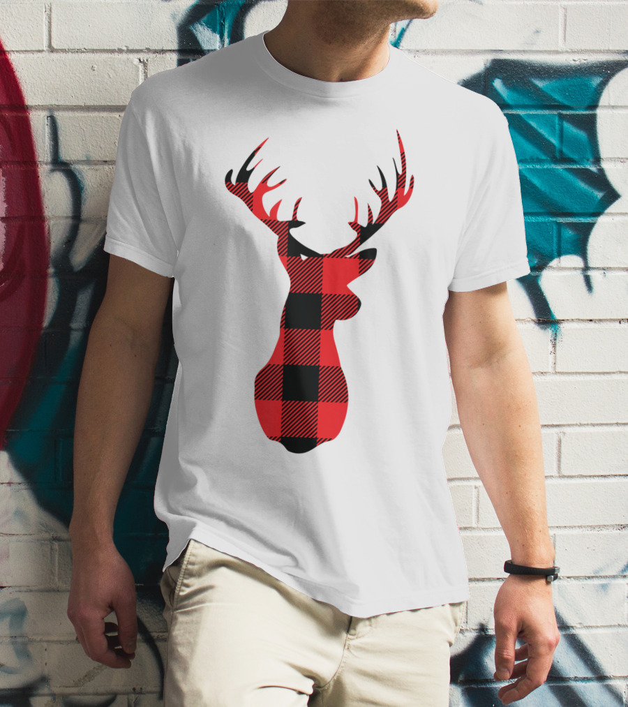 Buffalo Plaid Red Black Christmas Deer T-Shirt