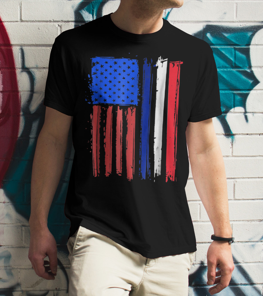 Half French American Flag Classic Patriot Stars And Stripes Paint T-Shirt