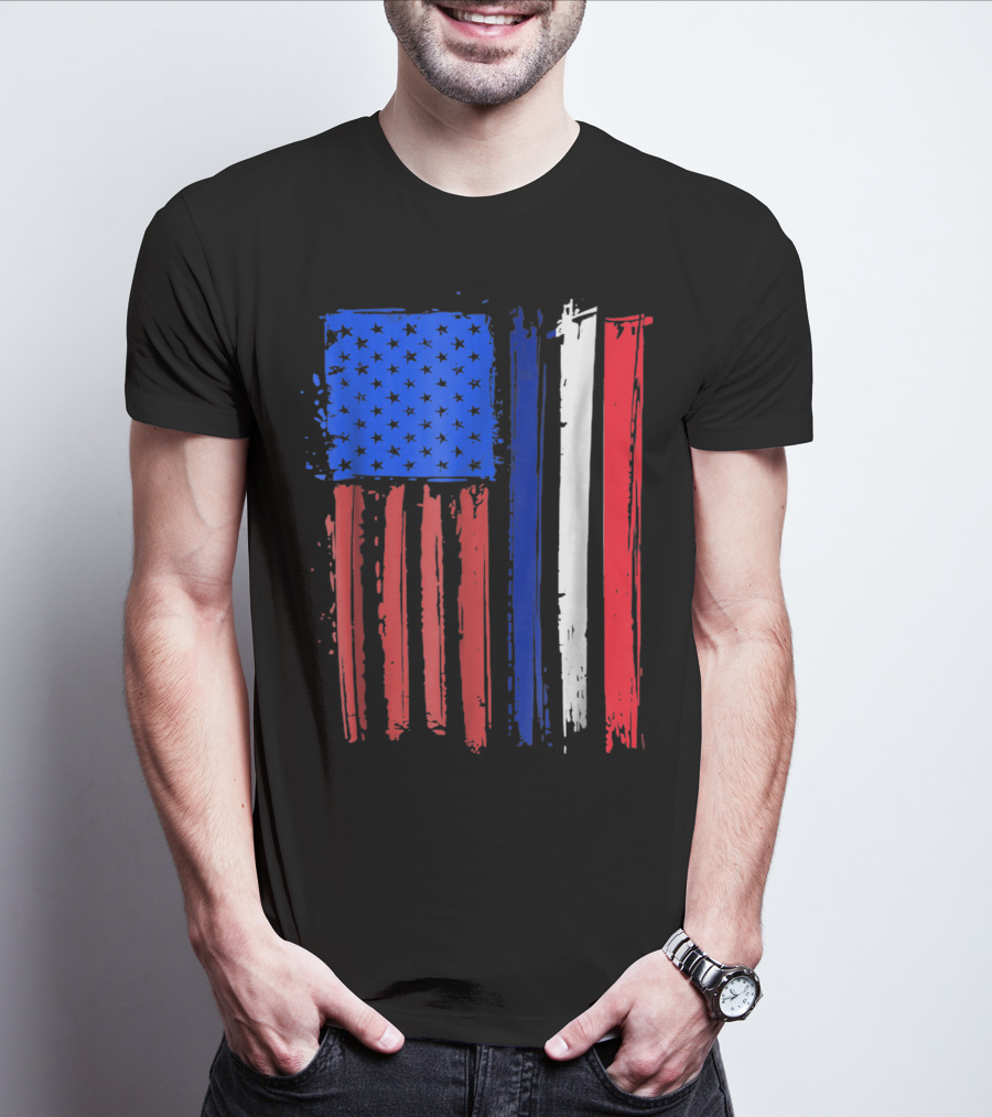 Half French American Flag Classic Patriot Stars And Stripes Paint T-Shirt