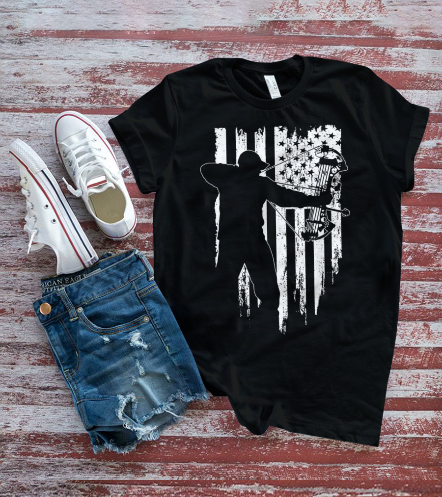 American Patriotic Archer Silhouette With Compound Bow And Flag T-Shirt