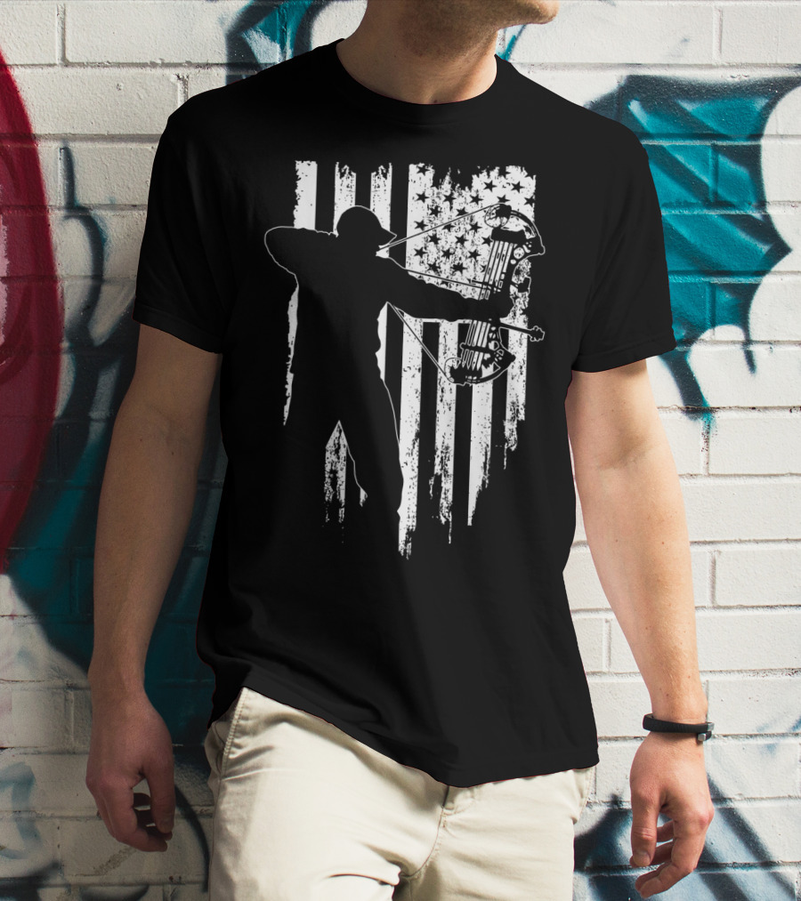 American Patriotic Archer Silhouette With Compound Bow And Flag T-Shirt