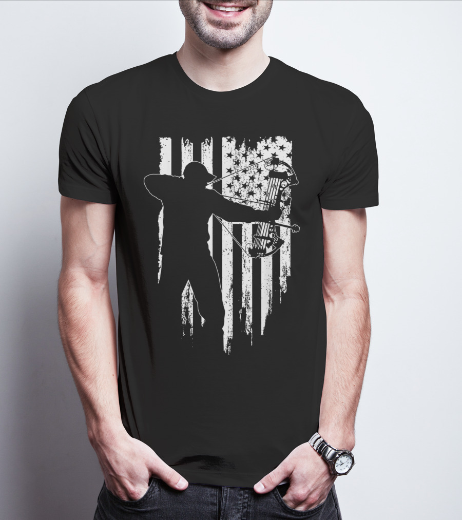 American Patriotic Archer Silhouette With Compound Bow And Flag T-Shirt