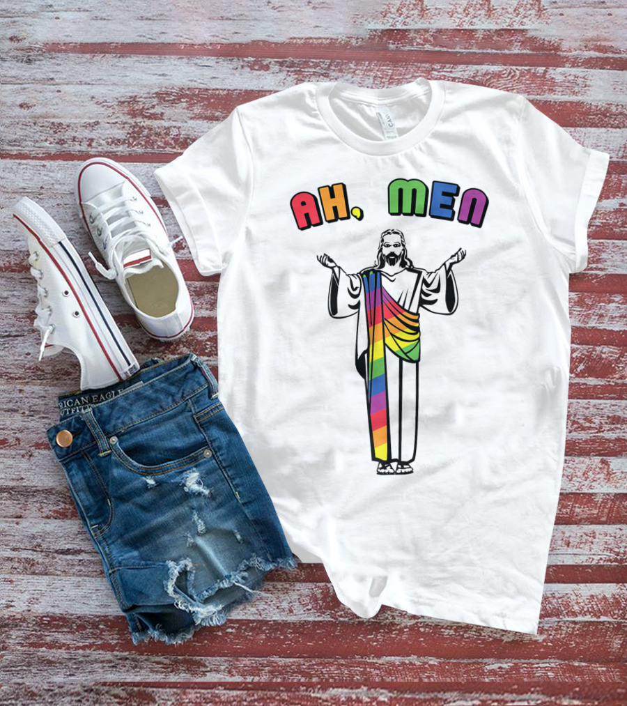Ah Men Funny Gay Jesus Rainbow Pride T-Shirt