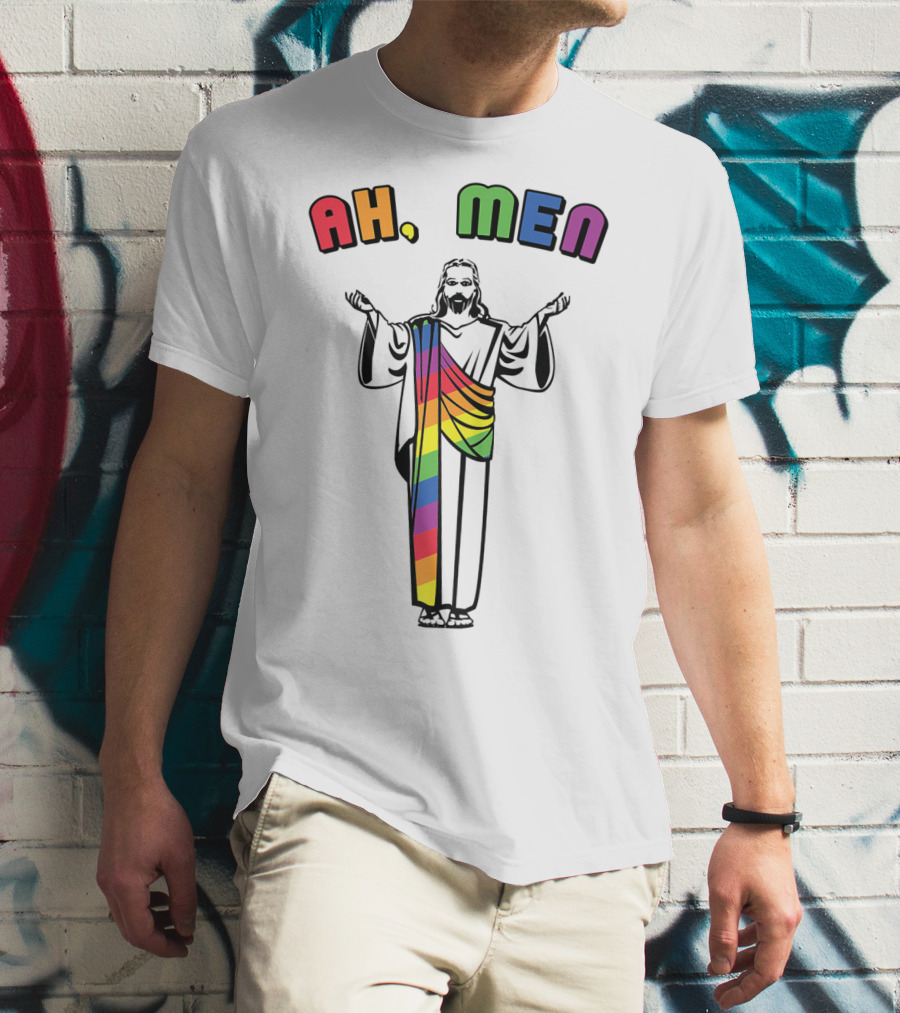 Ah Men Funny Gay Jesus Rainbow Pride T-Shirt