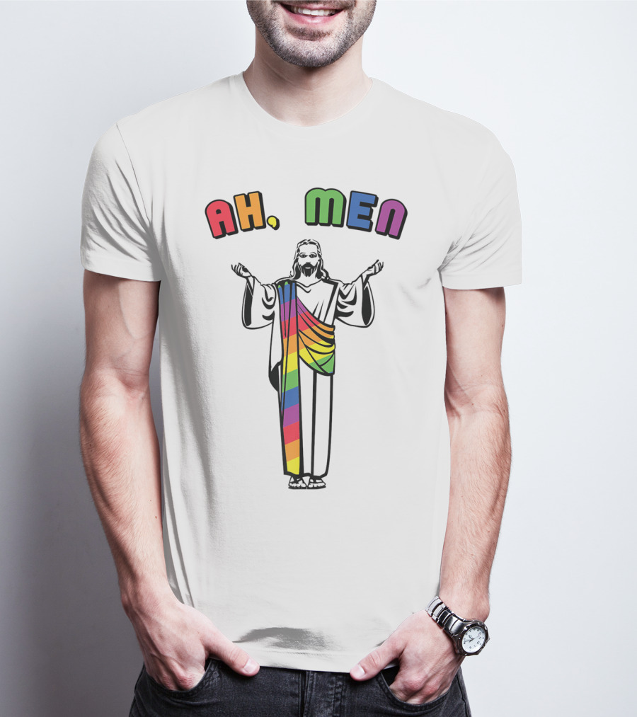 Ah Men Funny Gay Jesus Rainbow Pride T-Shirt
