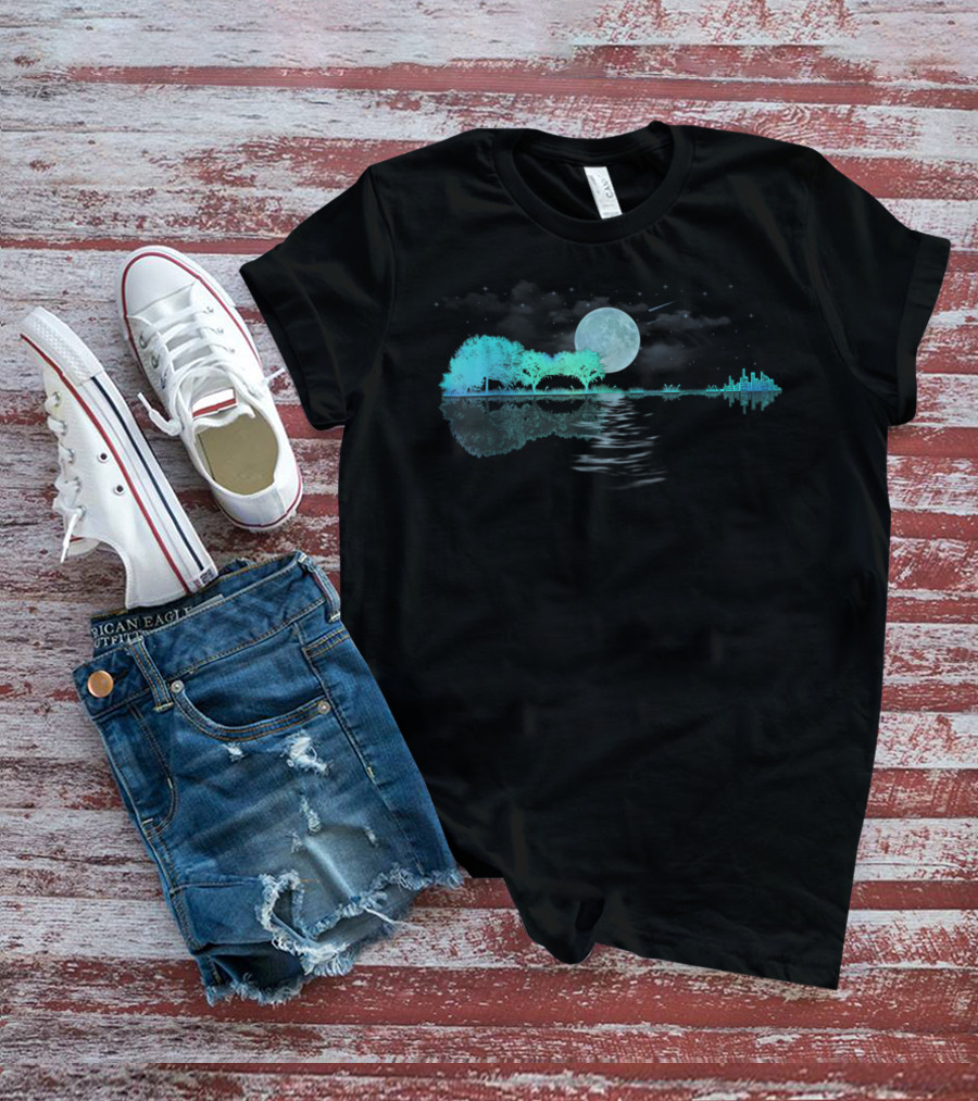 Acoustic Guitar Player Birthday Moonlit Lake Scene T-Shirt