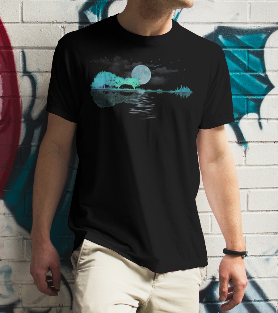 Acoustic Guitar Player Birthday Moonlit Lake Scene T-Shirt