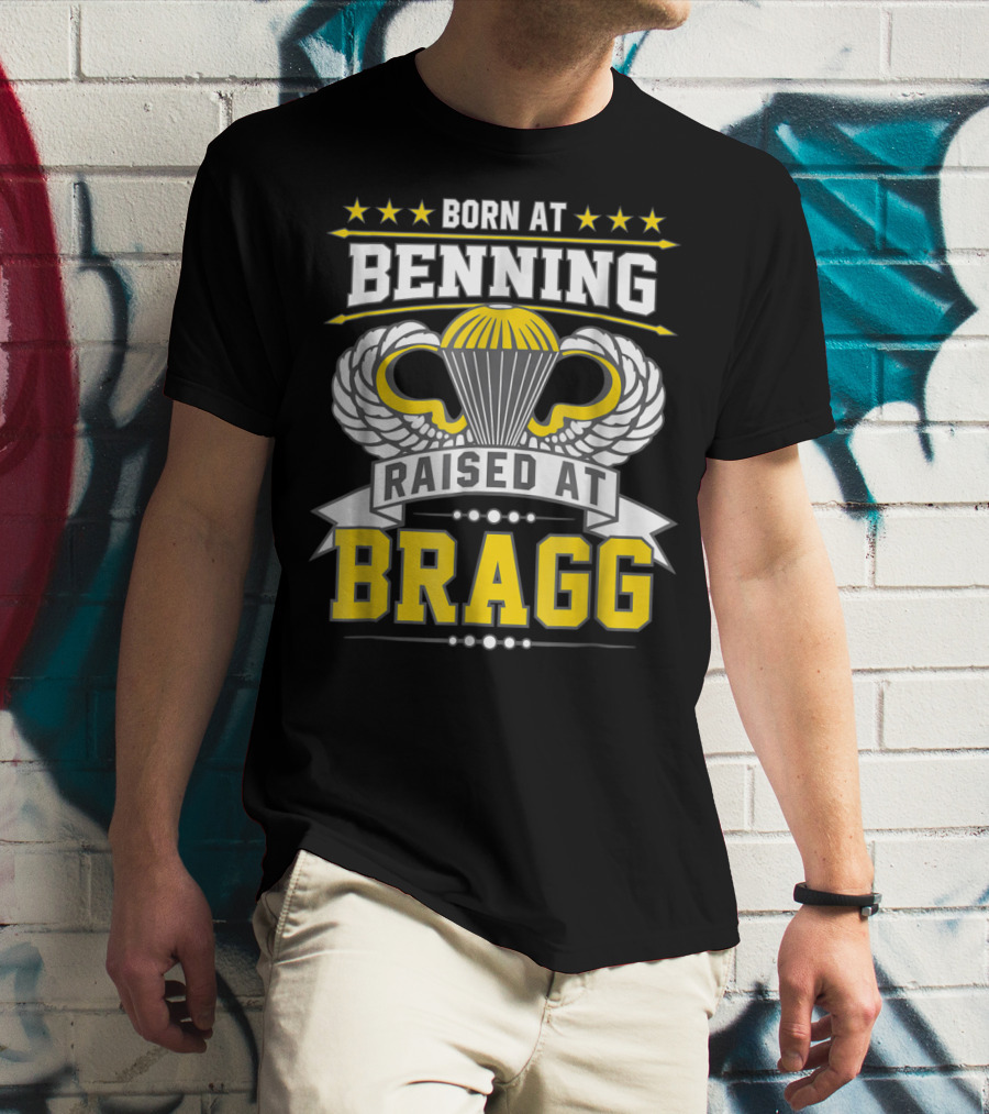Born At Benning Raised At Bragg Airborne Paratrooper Wings T-Shirt