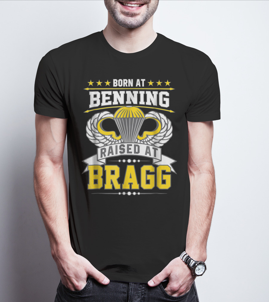 Born At Benning Raised At Bragg Airborne Paratrooper Wings T-Shirt