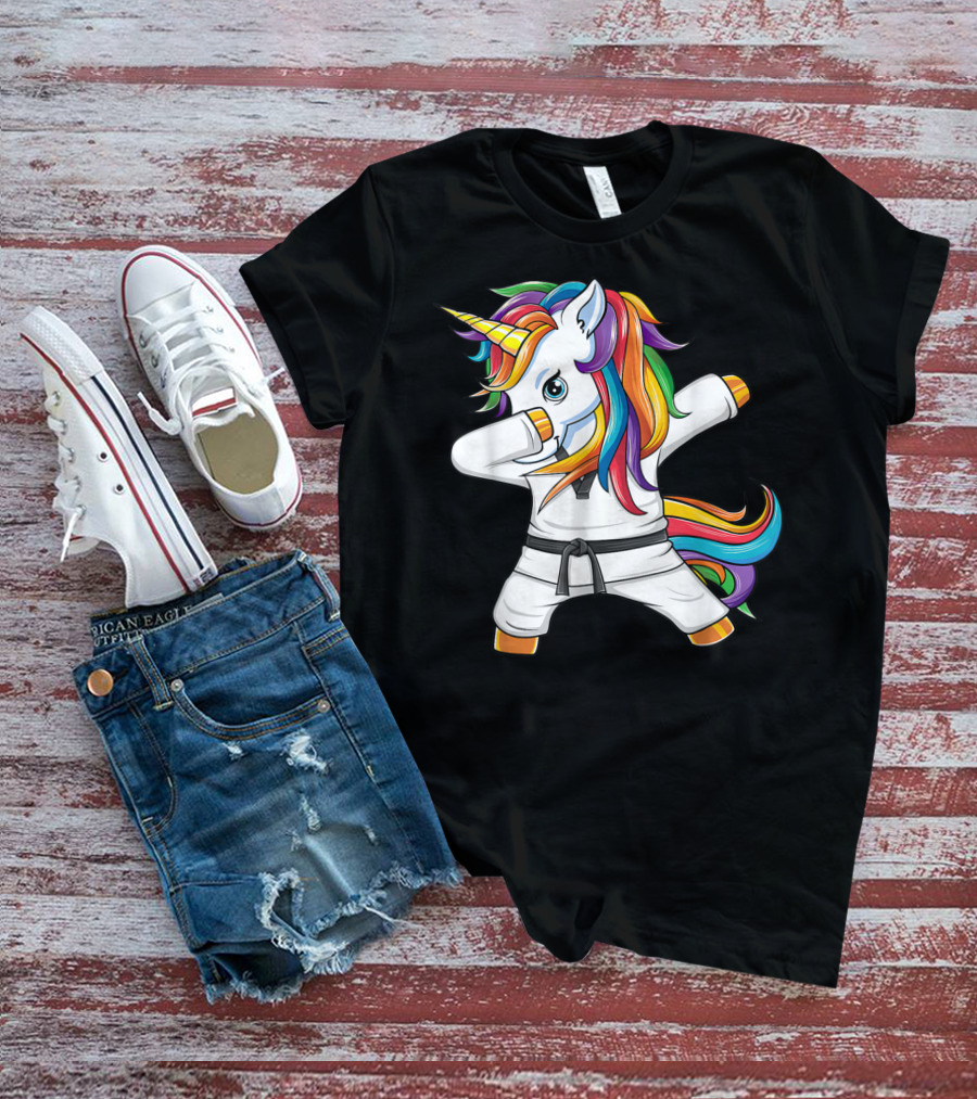 Dabbing Unicorn Karate Taekwondo Kids Girl Rainbow Martial Arts T-Shirt