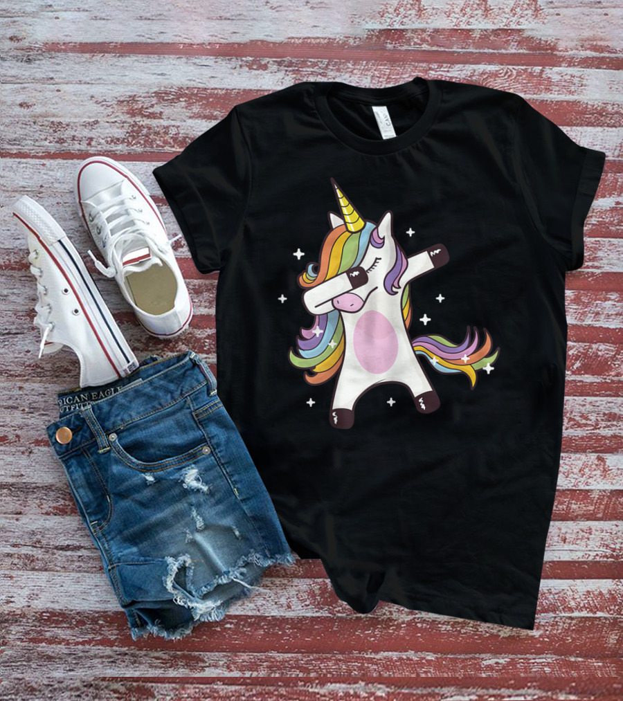Dabbing Rainbow Unicorn With Stars T-Shirt