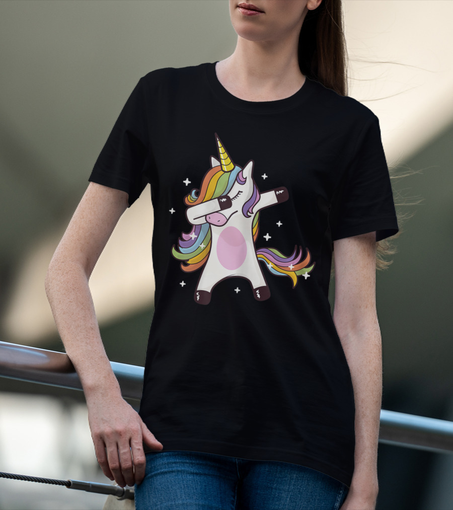 Dabbing Rainbow Unicorn With Stars T-Shirt