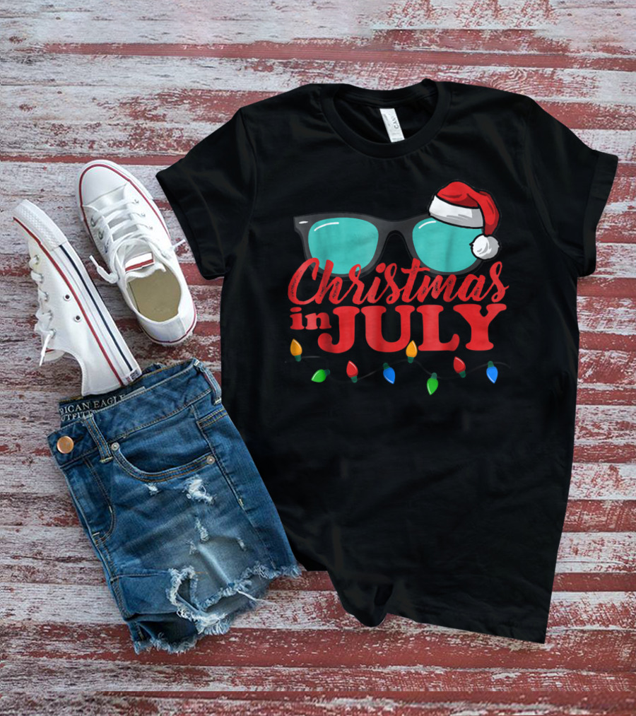 Christmas In July Santa Hat Sunglasses Summer Lights T-Shirt