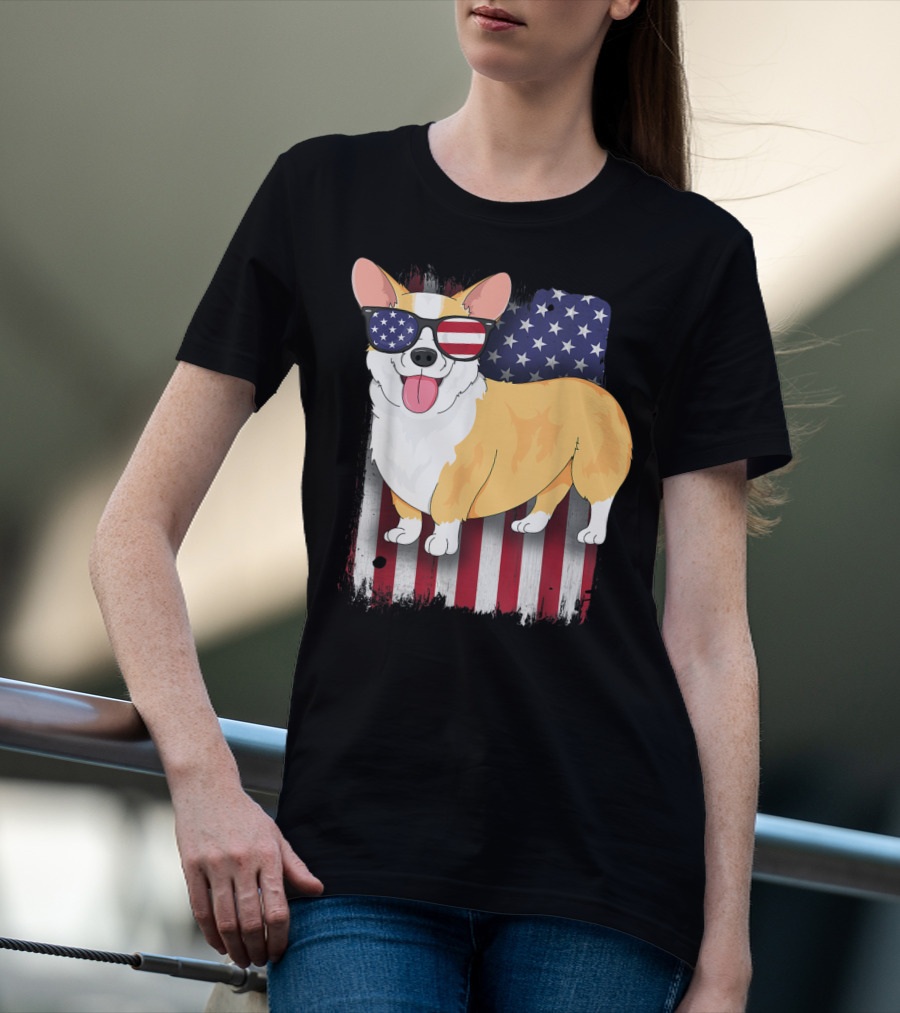 Corgi With Sunglasses American Flag Background T-Shirt