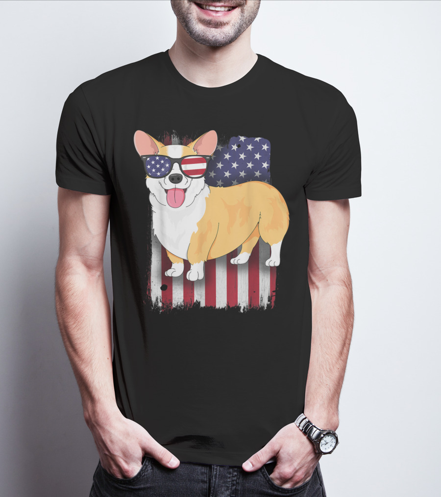 Corgi With Sunglasses American Flag Background T-Shirt