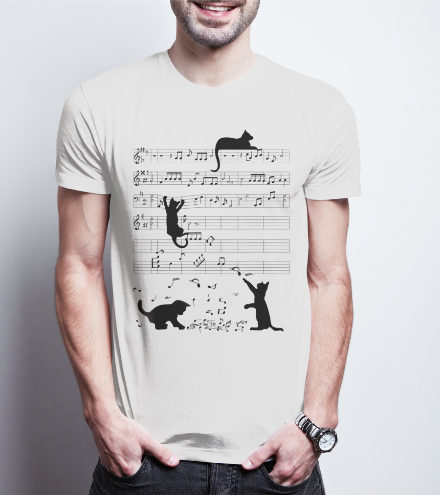 Cute Cat Kitty Climbing And Sitting With Music Notes And Clef T-Shirt
