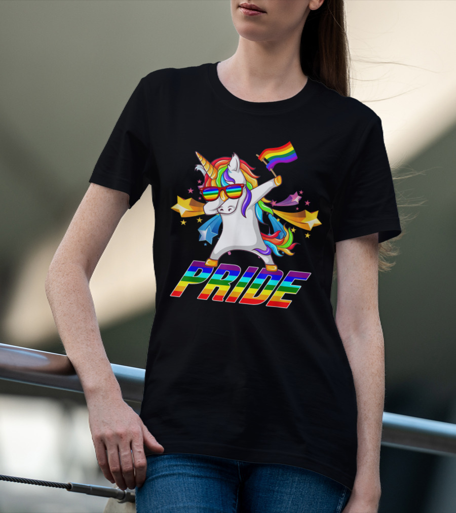 Dabbing Unicorn Rainbow Pride With Stars And Flag T-Shirt