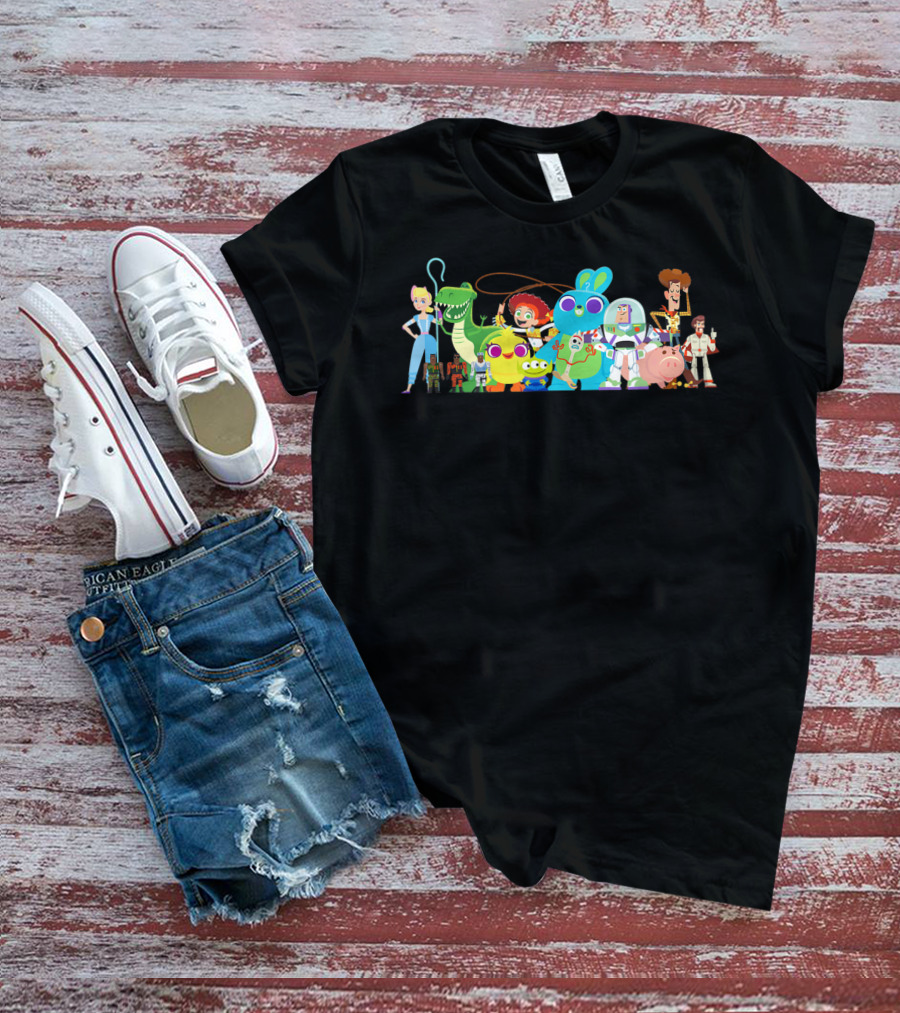 Disney Pixar Toy Story 4 Buzz Woody Bo Peep Buzz Lightyear Rex Jessie Hamm Ducky Bunny Forky Group Character T-Shirt