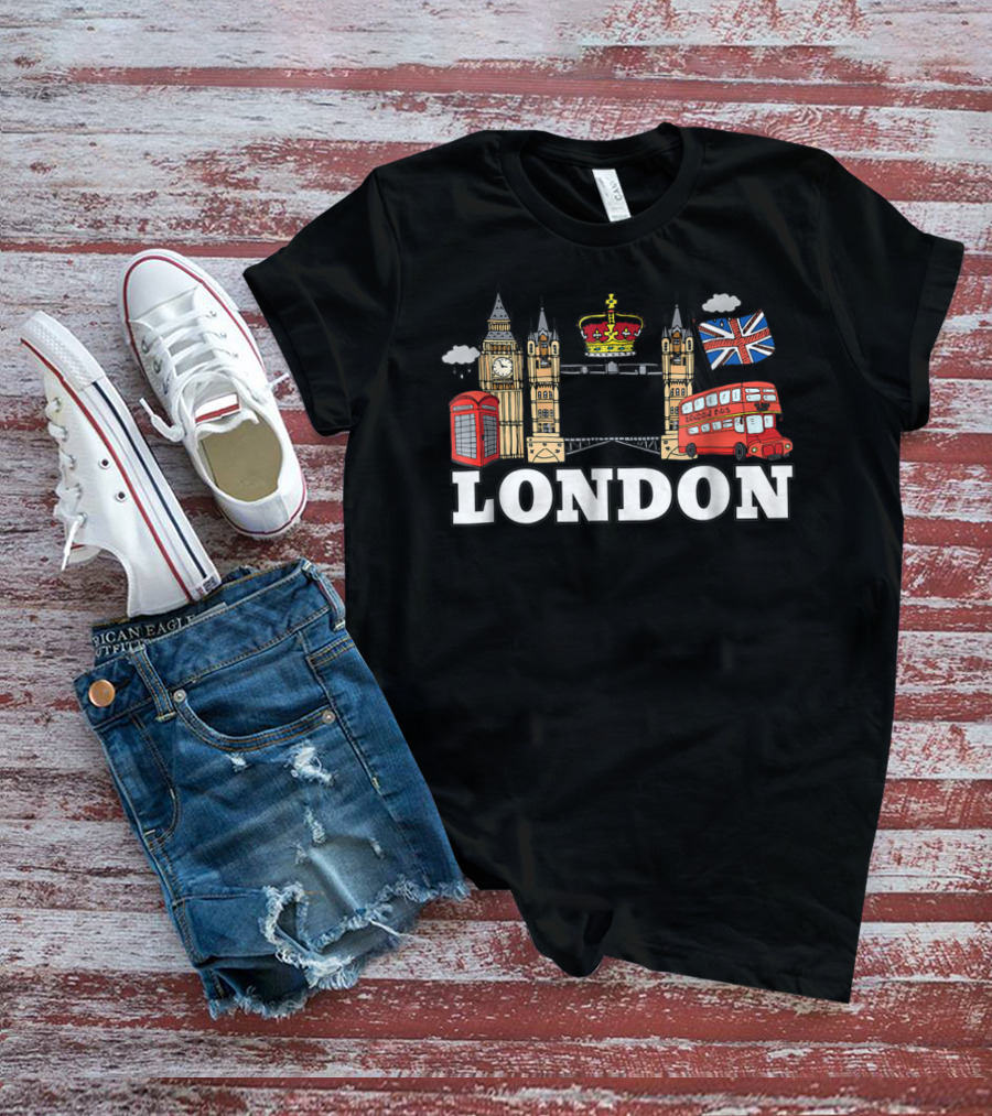 Big Ben Tower Bridge Crown London Bus Phone Box Union Jack Cloud T-Shirt
