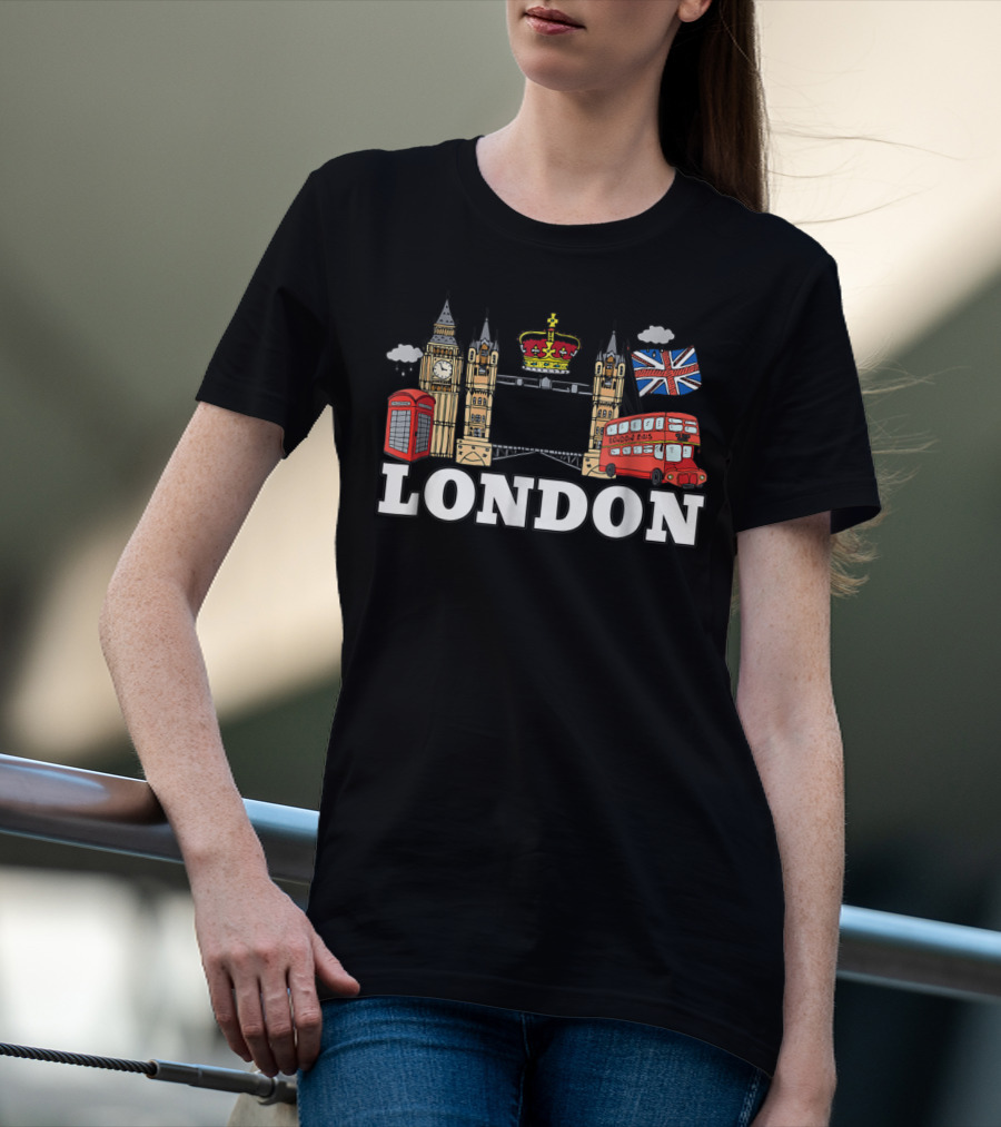 Big Ben Tower Bridge Crown London Bus Phone Box Union Jack Cloud T-Shirt