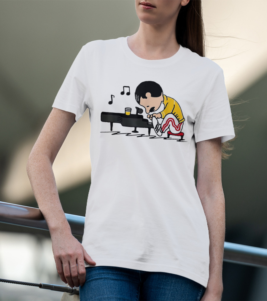 Freddie Peanuts Character Playing Piano With Yellow Jacket And Red Striped Pants T-Shirt
