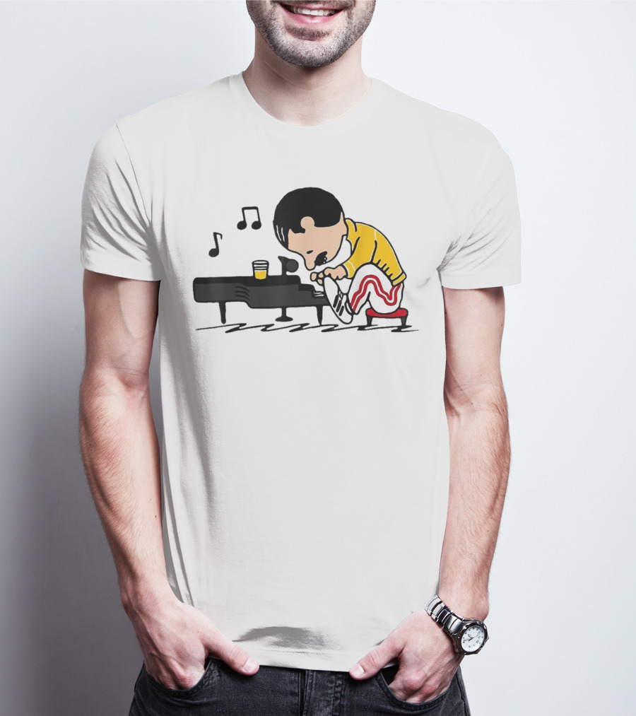Freddie Peanuts Character Playing Piano With Yellow Jacket And Red Striped Pants T-Shirt