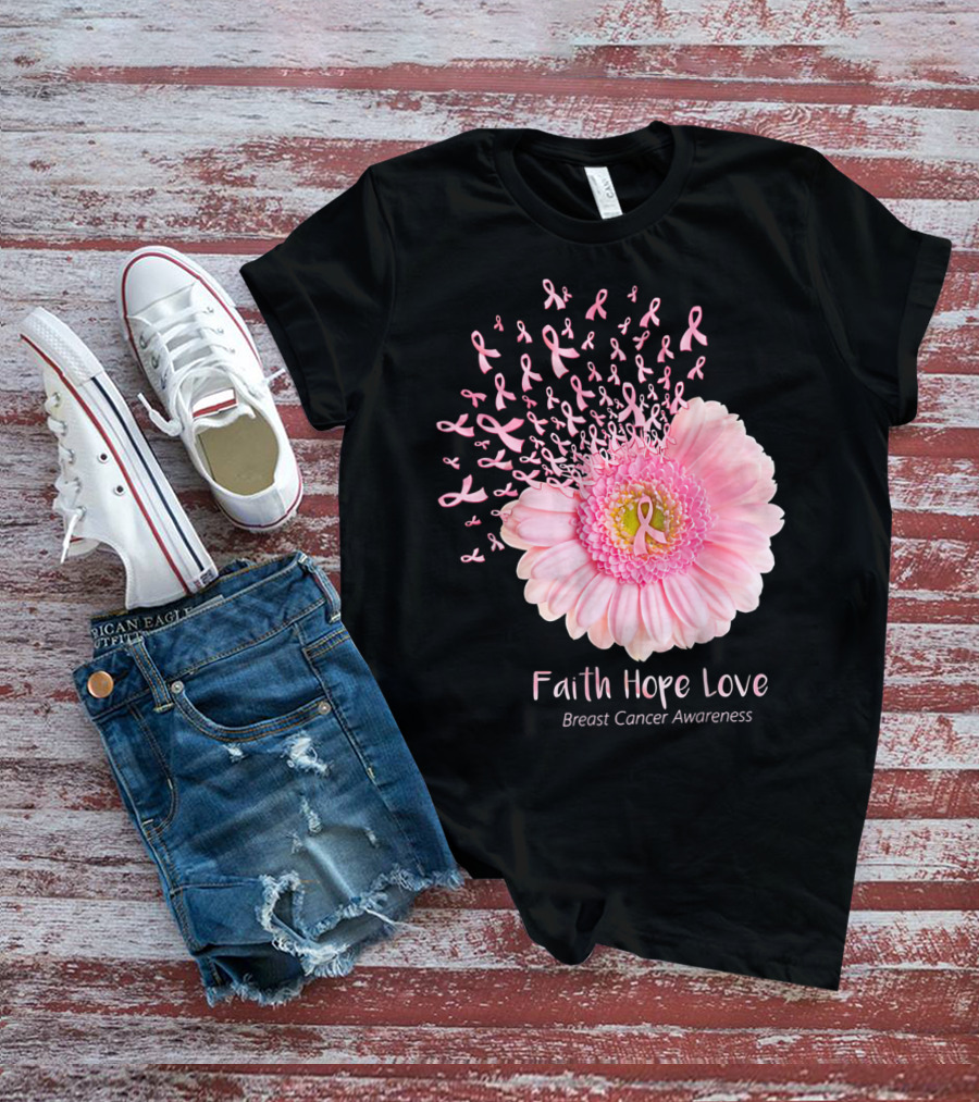 Faith Hope Love Breast Cancer Awareness Pink Ribbon Flower Explosion T-Shirt