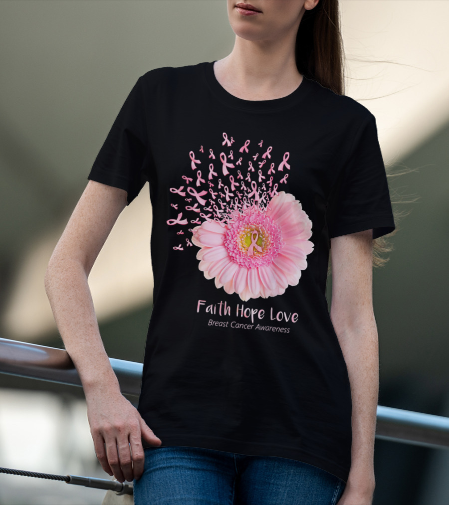 Faith Hope Love Breast Cancer Awareness Pink Ribbon Flower Explosion T-Shirt