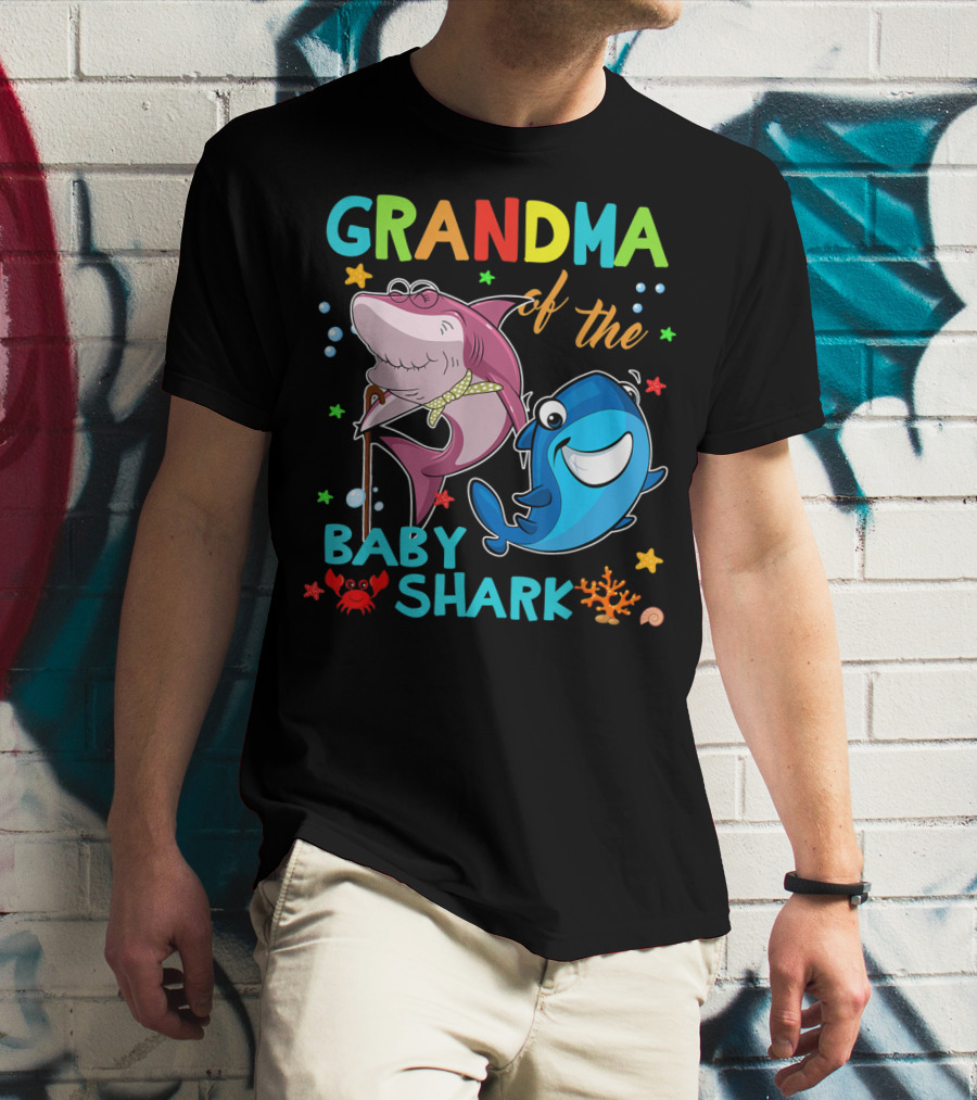 Grandma Of The Baby Shark With Colorful Cartoon Sharks And Sea Creatures T-Shirt