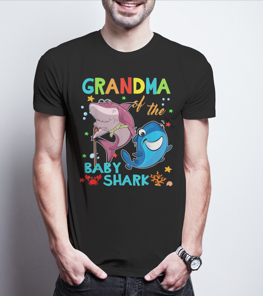 Grandma Of The Baby Shark With Colorful Cartoon Sharks And Sea Creatures T-Shirt
