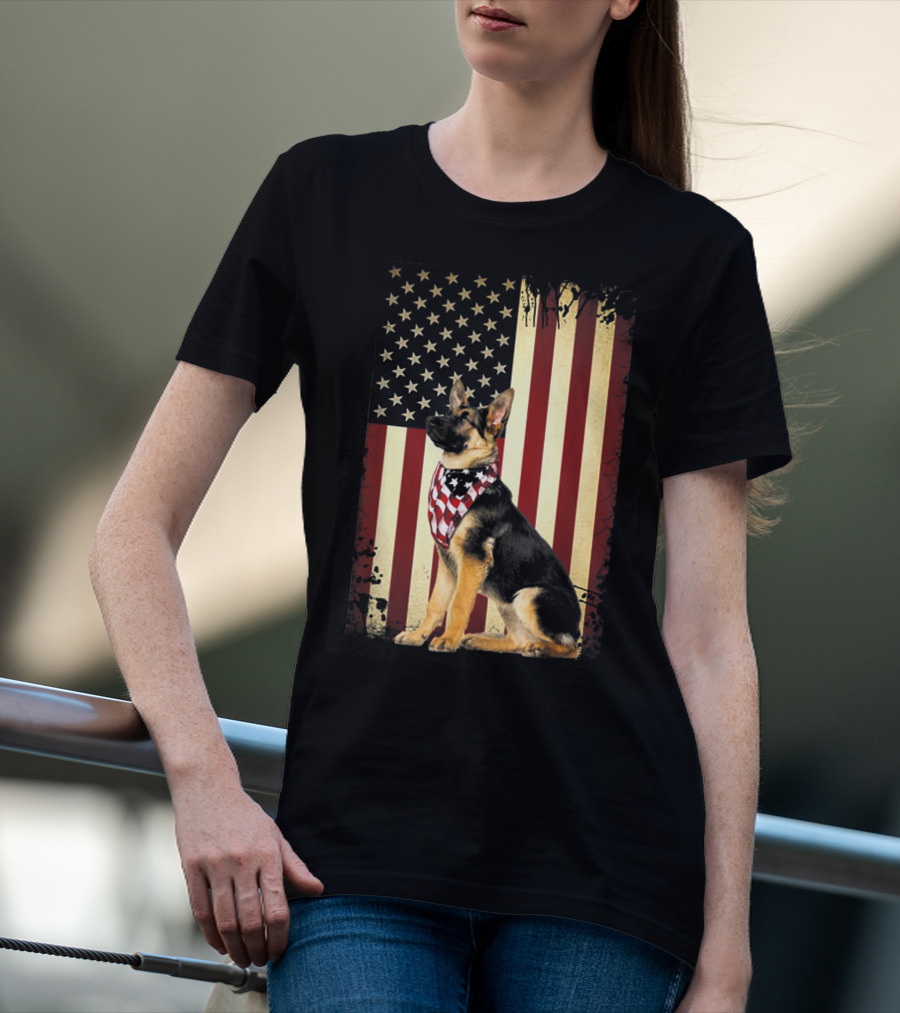 German Shepherd With American Flag Bandana In Front Of Stars And Stripes Flag T-Shirt