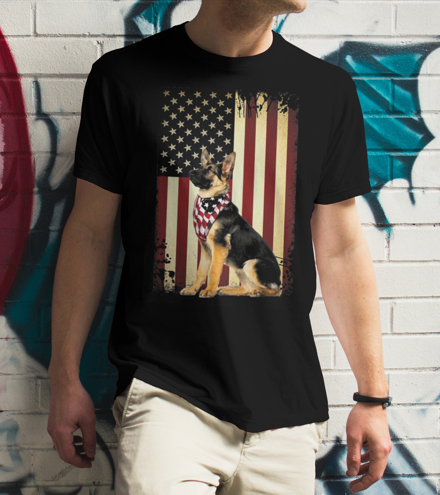 German Shepherd With American Flag Bandana In Front Of Stars And Stripes Flag T-Shirt