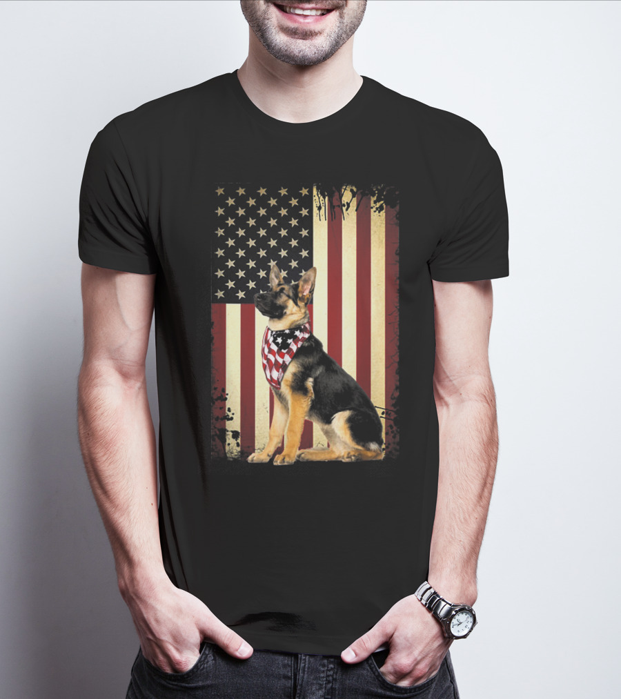 German Shepherd With American Flag Bandana In Front Of Stars And Stripes Flag T-Shirt