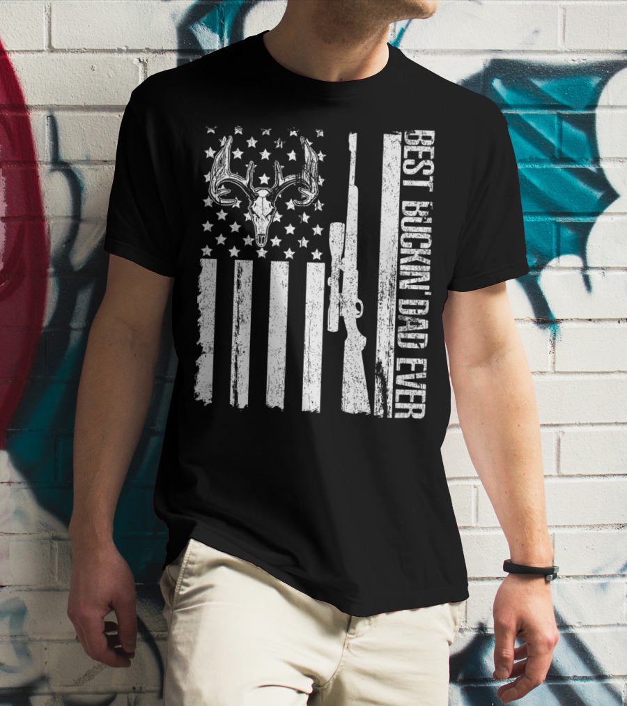 Deer Hunting US Flag Best Buckin Dad Ever Vintage Rifle Buck Antlers T-Shirt