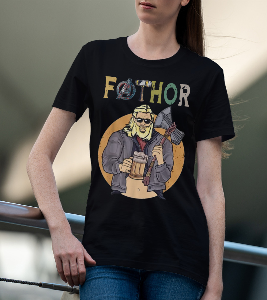 Fathor Avenger Beer Drinking Dad With Axe And Hammer T-Shirt