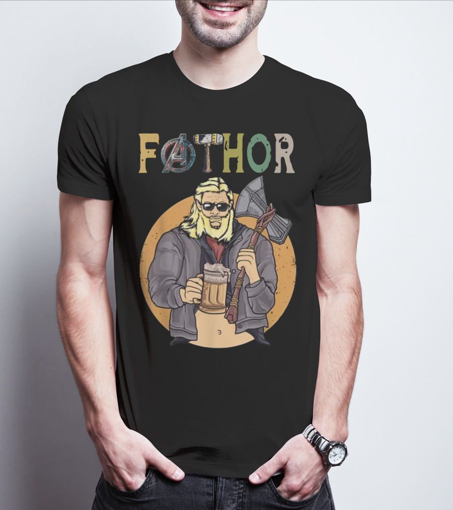 Fathor Avenger Beer Drinking Dad With Axe And Hammer T-Shirt