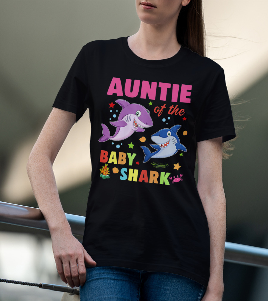 Auntie Of The Baby Shark Birthday Colorful Cartoon Sea Creatures T-Shirt