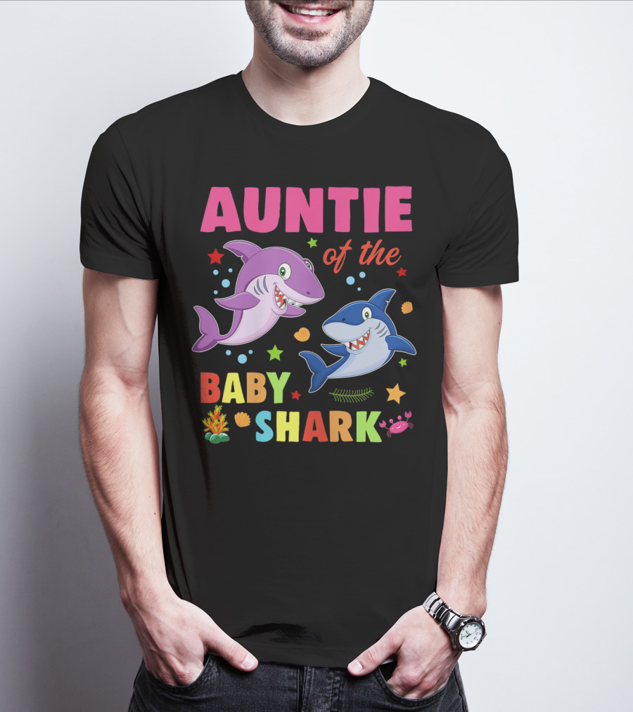 Auntie Of The Baby Shark Birthday Colorful Cartoon Sea Creatures T-Shirt