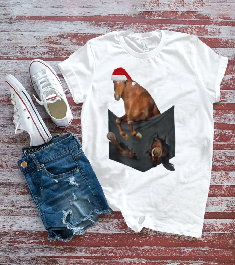 Santa Hat Criollo Horse Bursting From Pocket T-Shirt