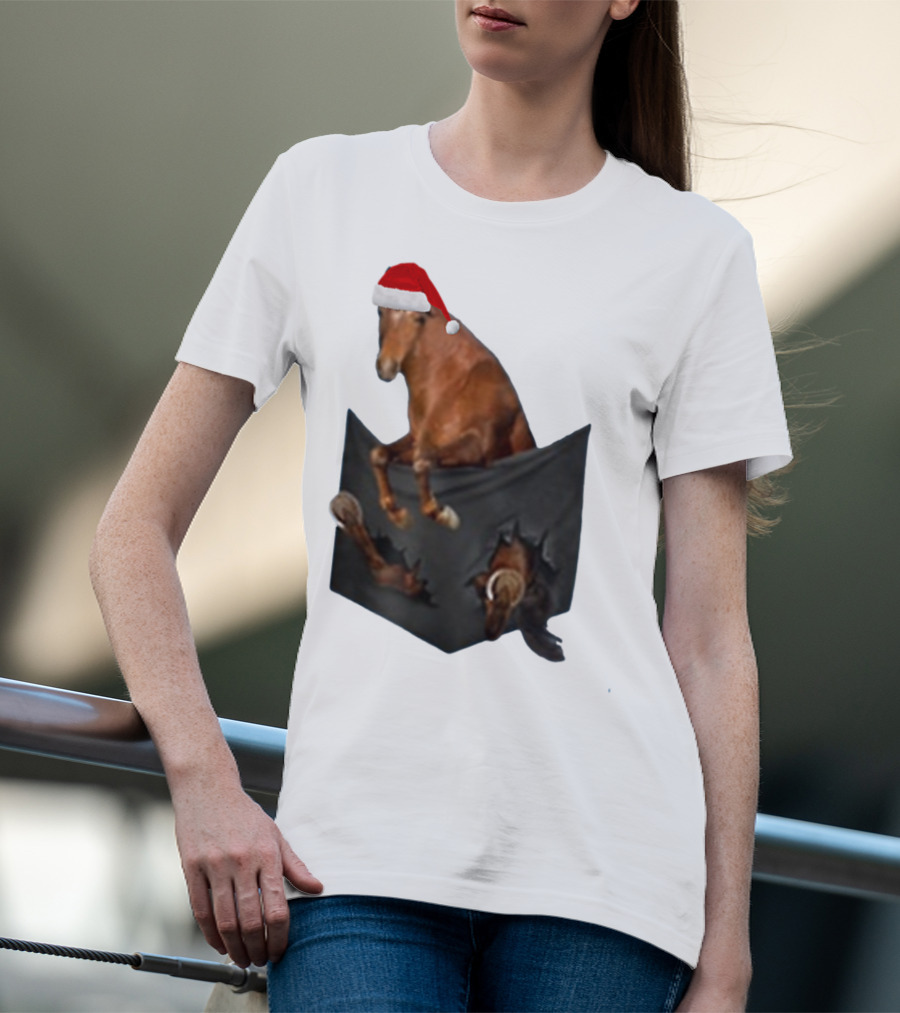 Santa Hat Criollo Horse Bursting From Pocket T-Shirt
