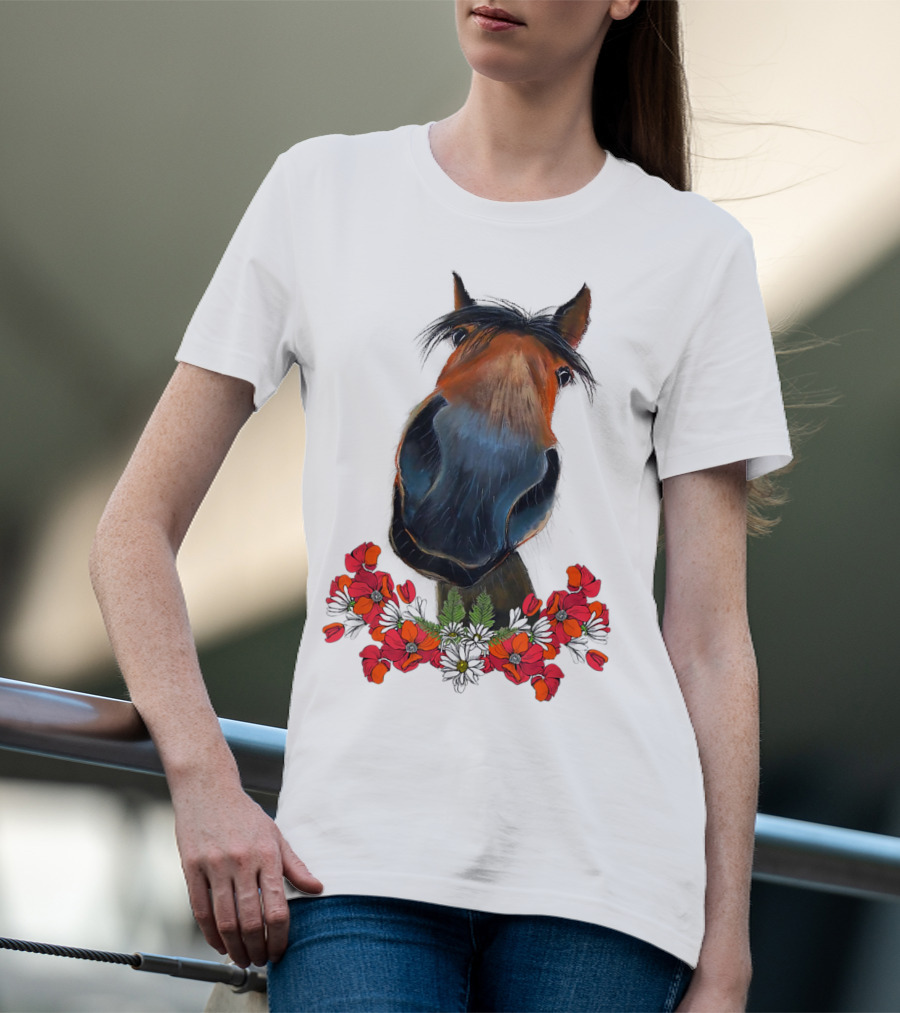 Adorable Horse With Red And White Flowers T-Shirt