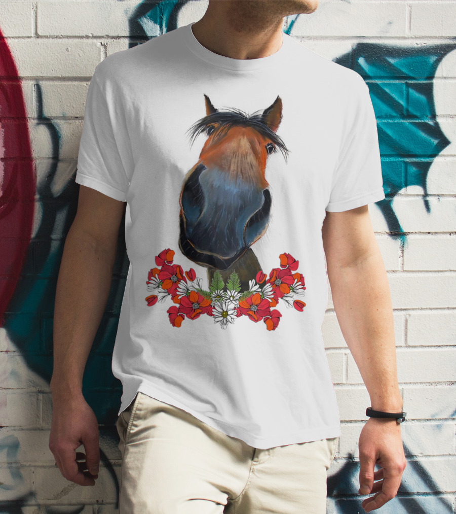 Adorable Horse With Red And White Flowers T-Shirt