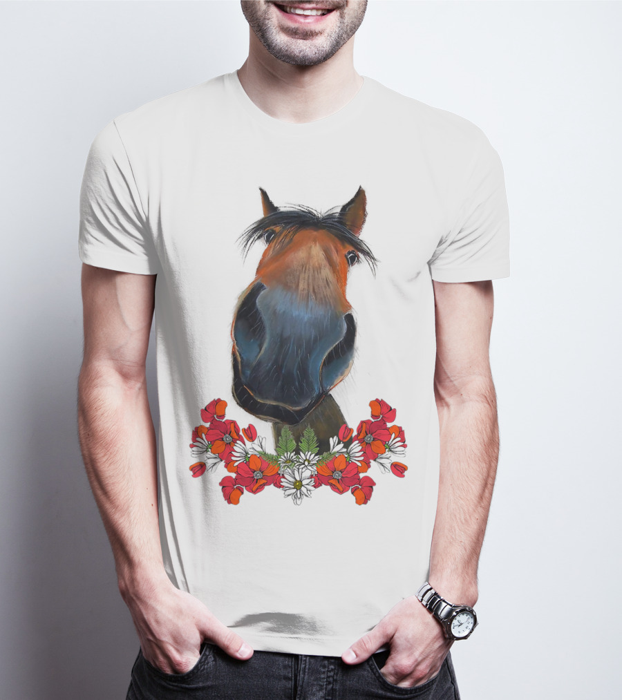 Adorable Horse With Red And White Flowers T-Shirt