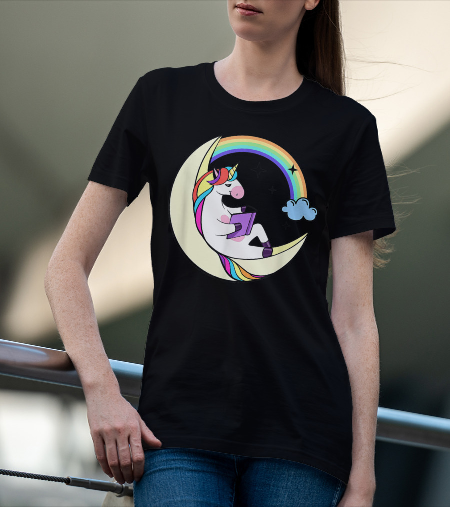 Unicorn Reading Book On Moon With Rainbow And Stars T-Shirt