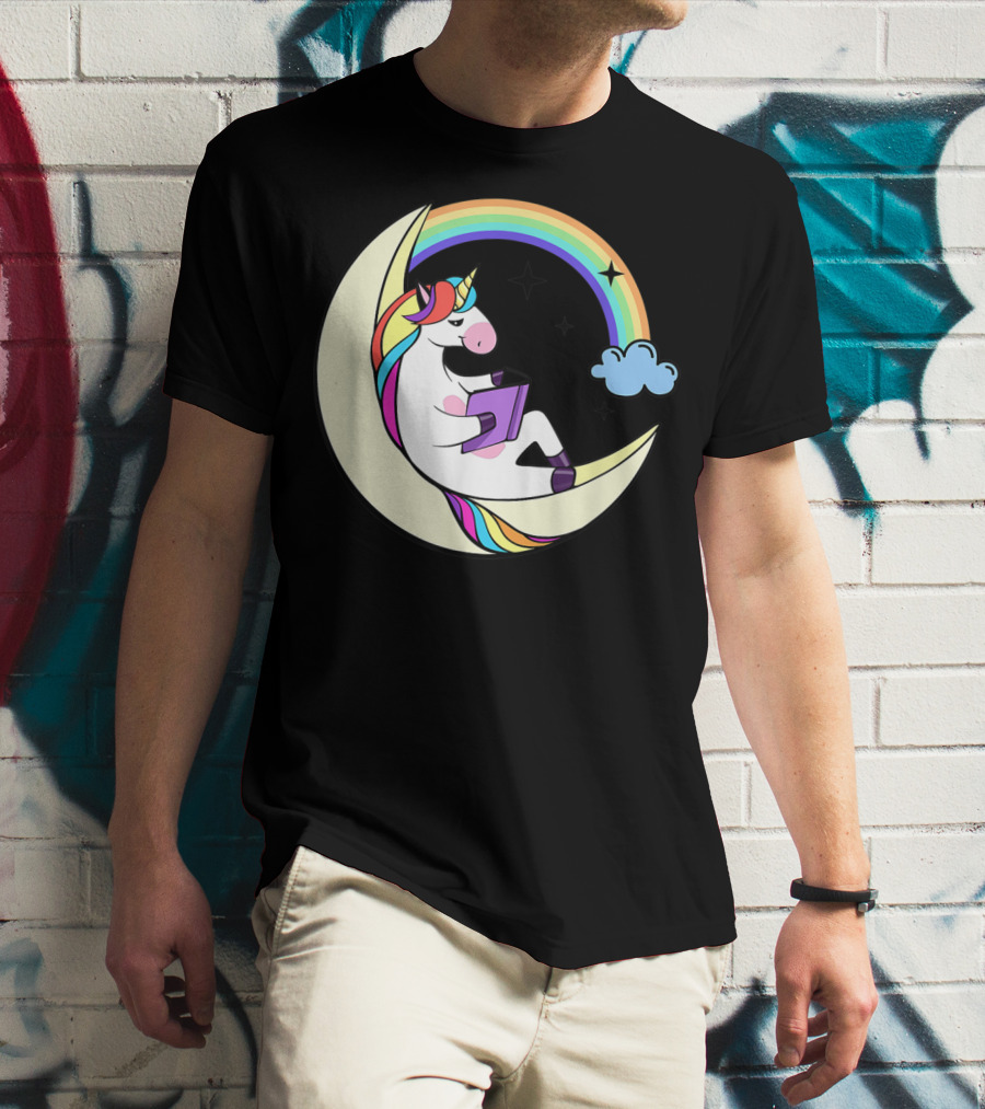 Unicorn Reading Book On Moon With Rainbow And Stars T-Shirt